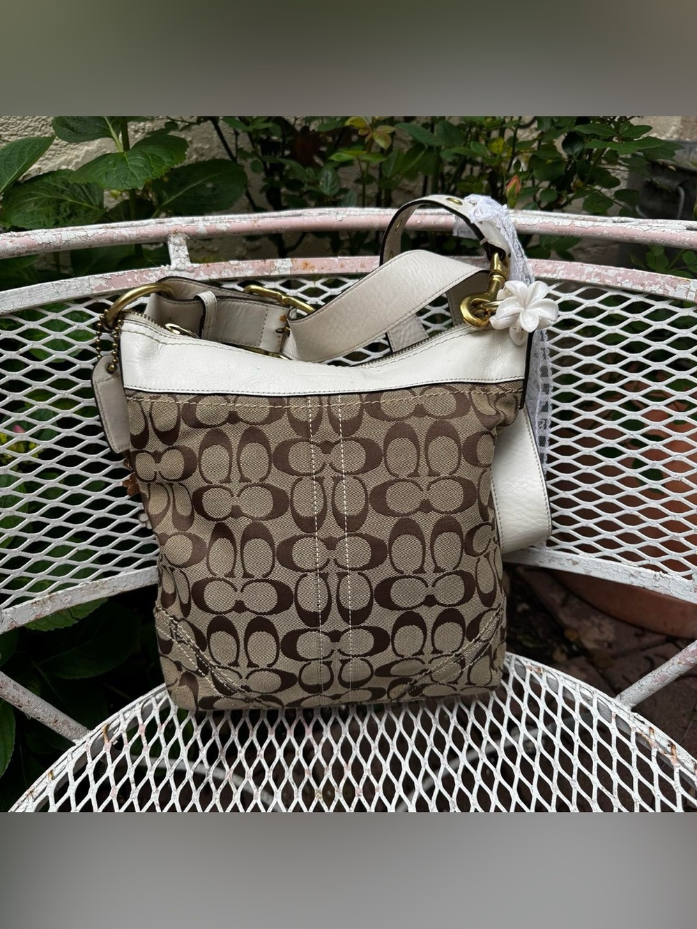 Y2K Coach Brown Monogramed Crossbody with White Leather